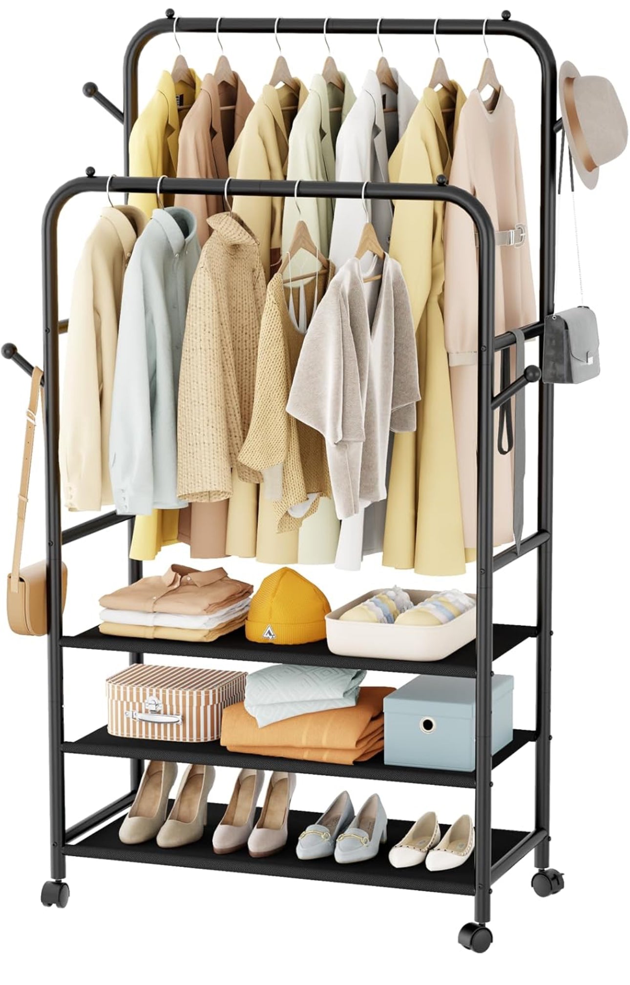 Double  Clothing Garment Rack With 3-Tier Storage Shelf