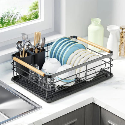 Single layer dish rack with removable drainer tray and wooden handles.