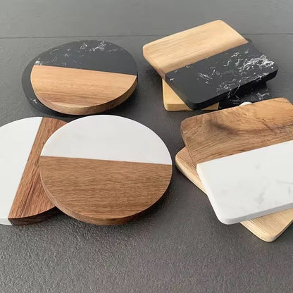 Premium Quality Heavy Marble Wood Splicing Coasters 6pcs