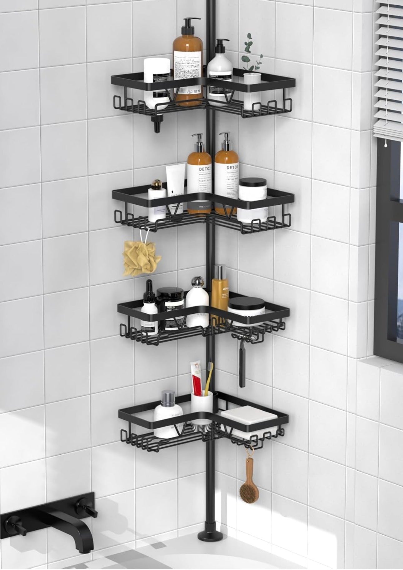 Telescopic corner bathroom organizer with shelves
