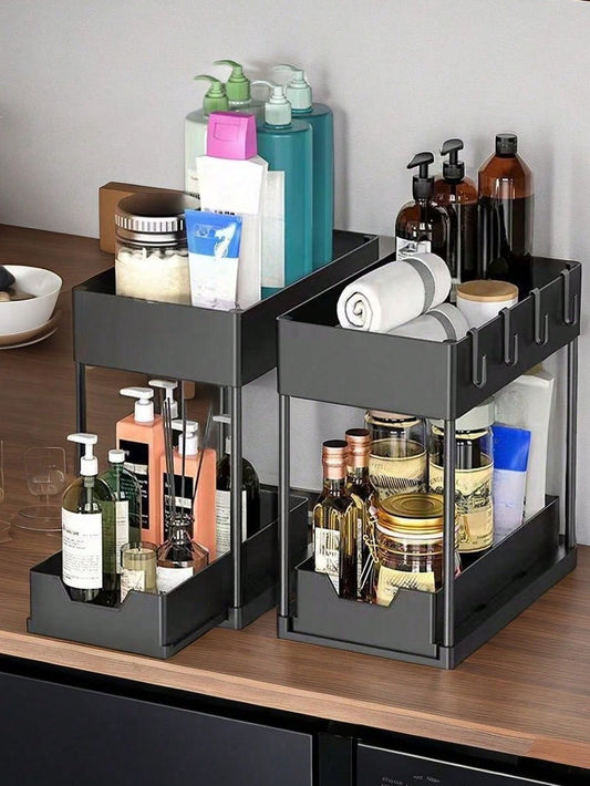 Double Sliding Under Sink Organizers and Storage - 2 Tier Bathroom Storage and Organization