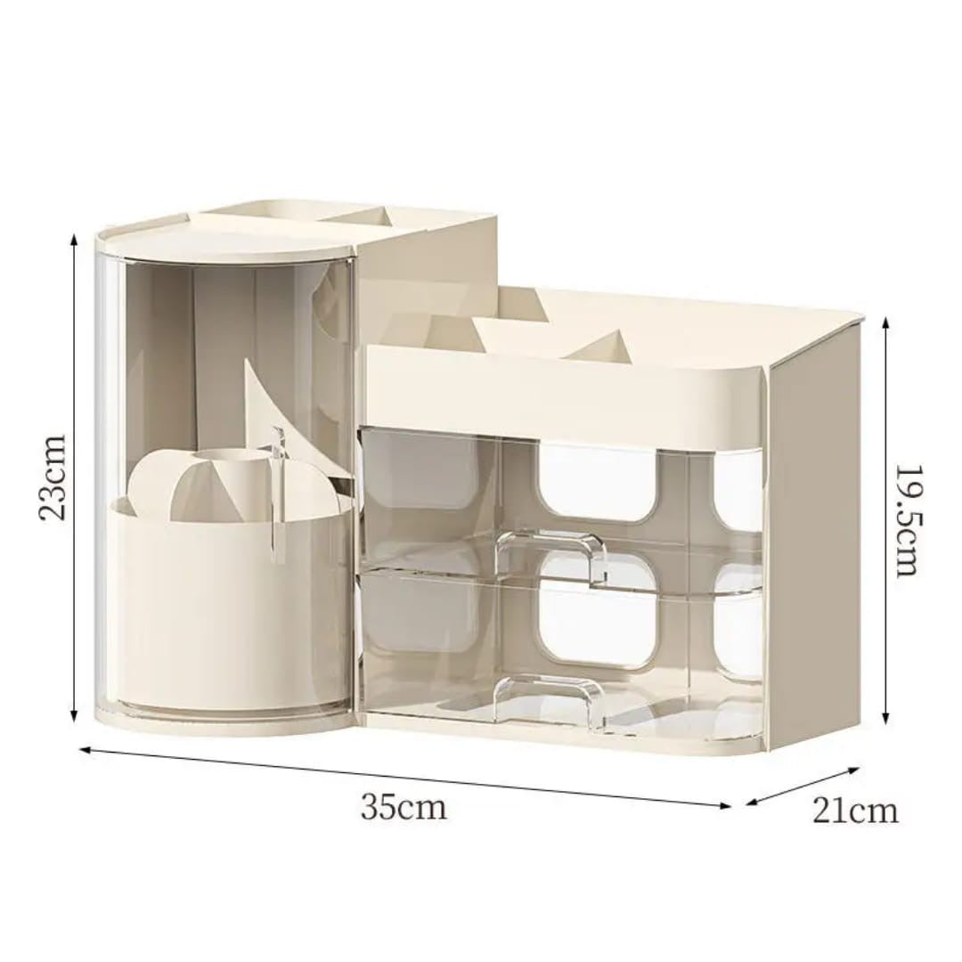 Cosmetic organizer rack with tray and rotating holder.