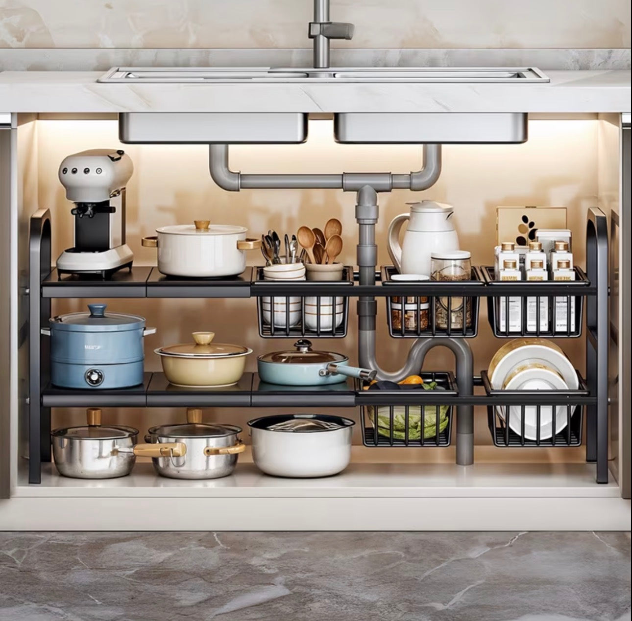 expandable under-sink organizer with 5 baskets