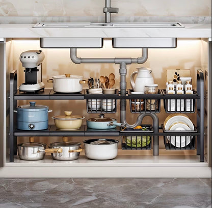 expandable under-sink organizer with 5 baskets