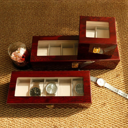 High quality luxurious wooden watch organizer with glass top..
6 slot