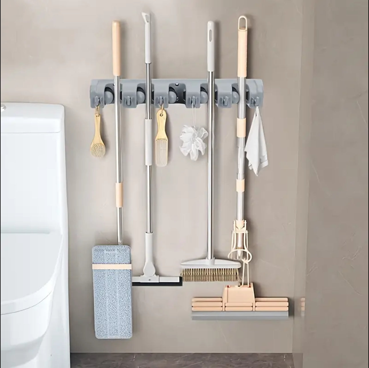 Broom Mop Holder Tidy Organizer, Wall Mounted Organizer with 5 Position 6 Hooks