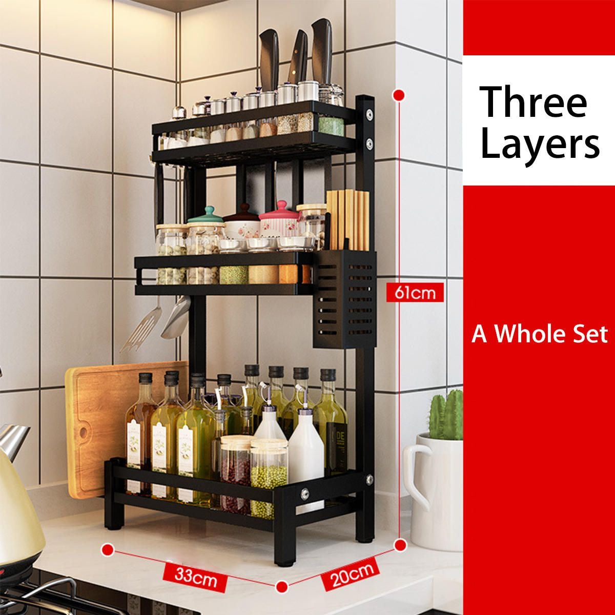 3 Layer Full Set Spice Storage Rack with cutlery and Chopping Board holder