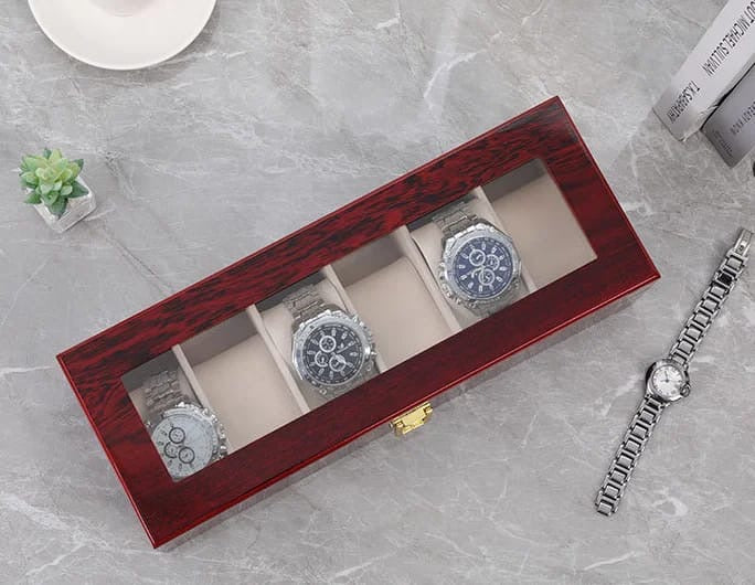 High quality luxurious wooden watch organizer with glass top..
6 slot
