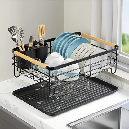 Single layer dish rack with removable drainer tray and wooden handles.