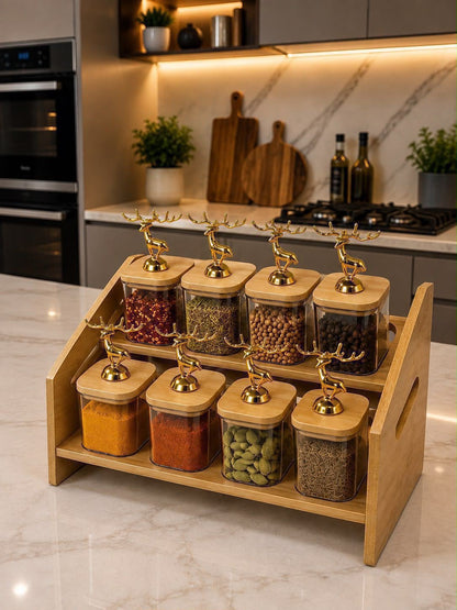 Exquisite 8pcs kitchen spice rack set with a bamboo stand