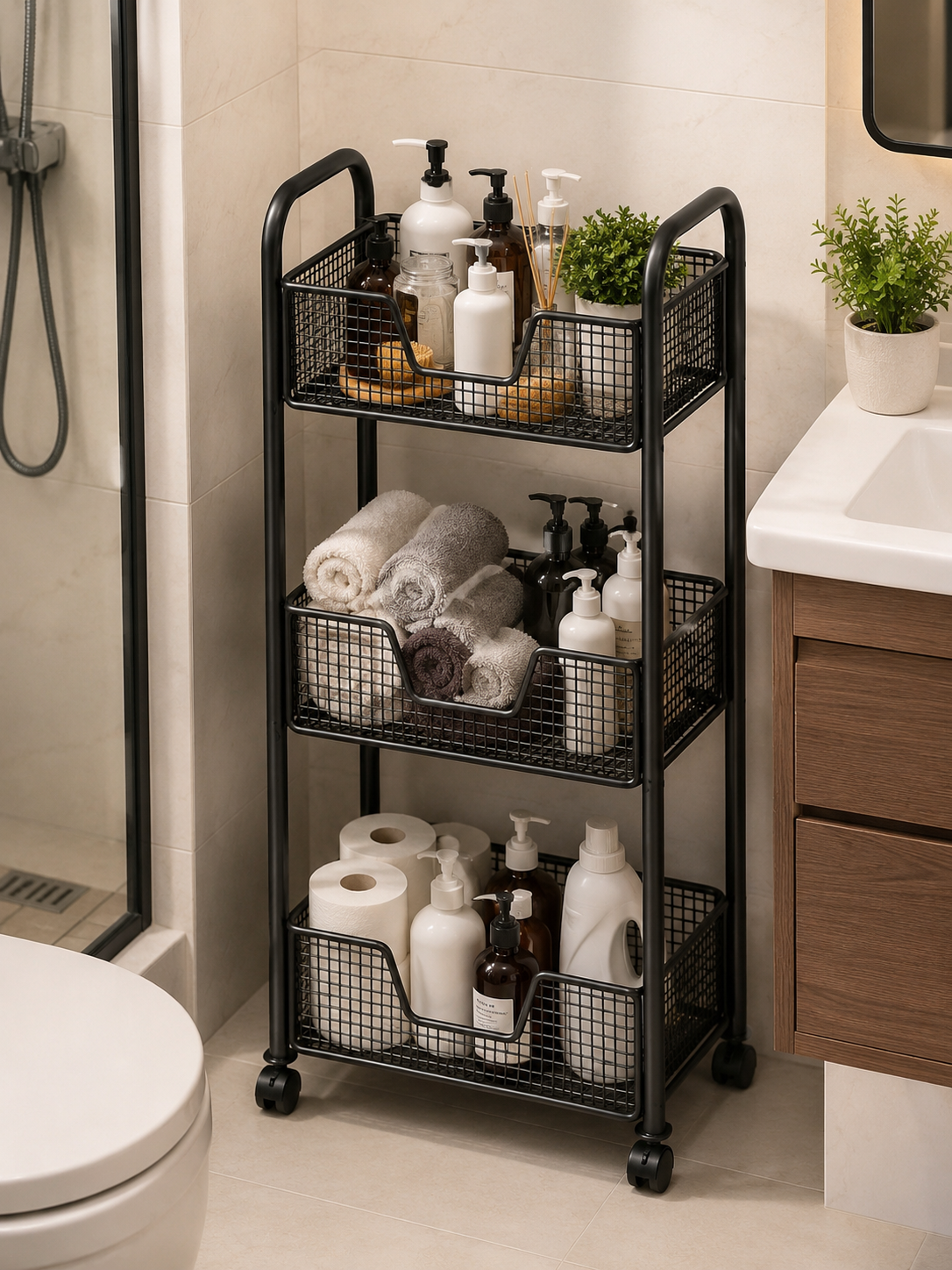 3 layer rotating Multifunctional mesh design storage trolley