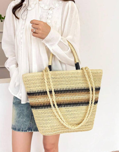 French color block woven tote bag