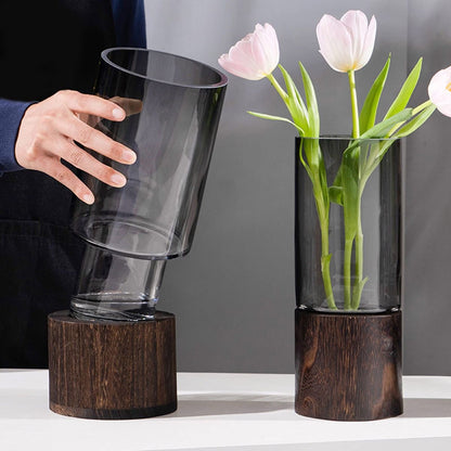 Modern creative glass vase with wooden base