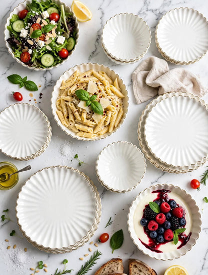 24pc Scalloped Dinner Set — white with that perfect gold rim detail.