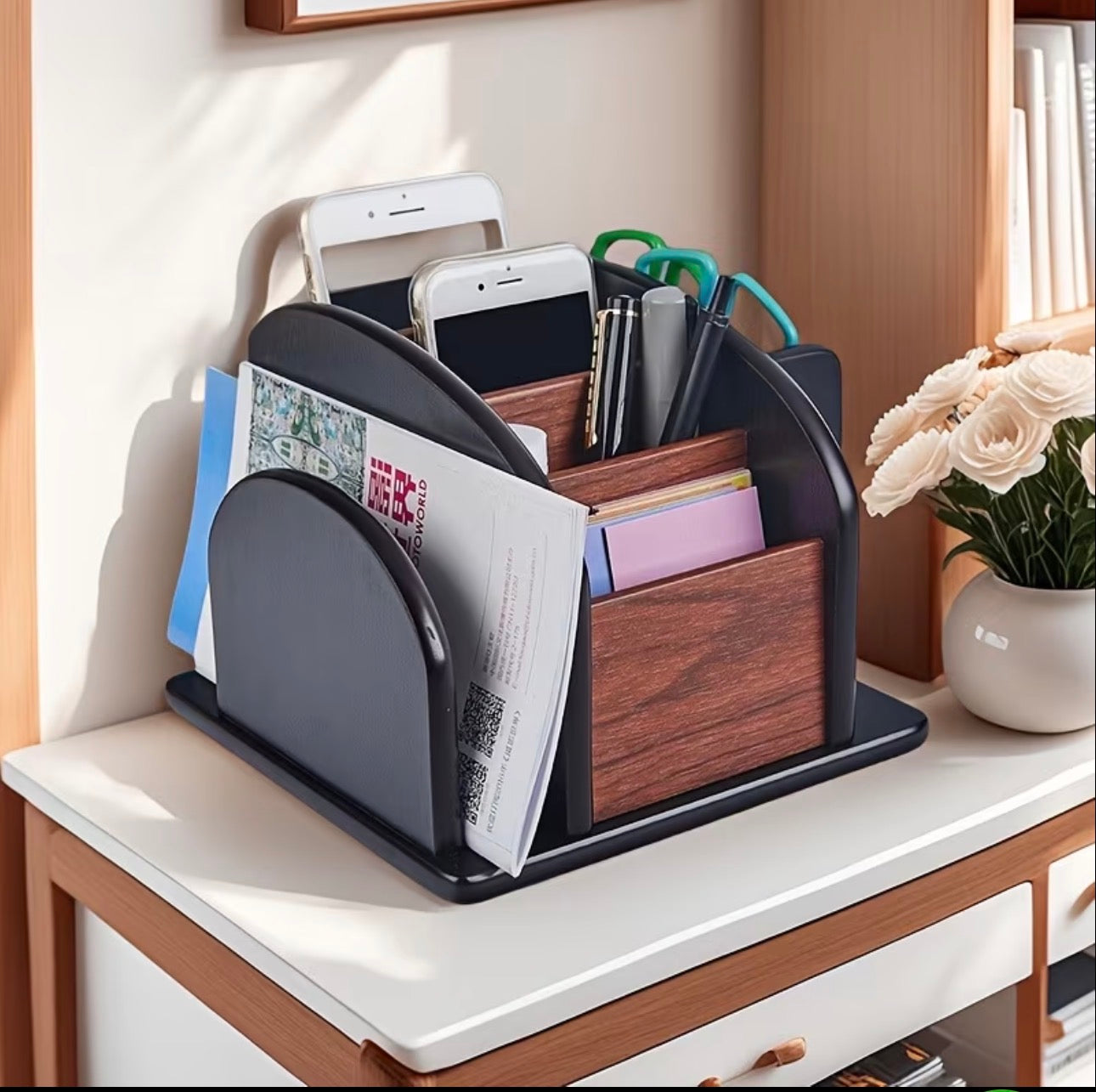 Wooden Rotating Desktop Organizer and Remote Control Caddy