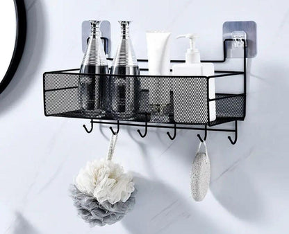 Mesh bathroom rack with hooks
Sticks by adhesive 
Large