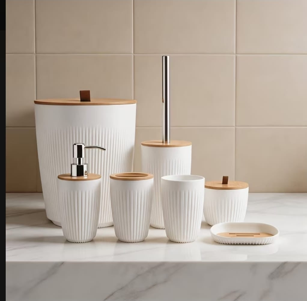 7 in 1 bathroom accessories set with wooden top