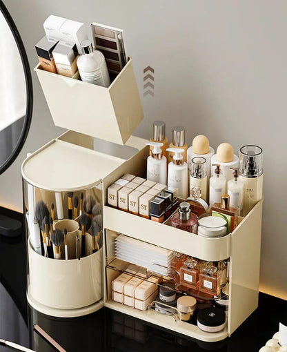 Cosmetic organizer rack with tray and rotating holder.