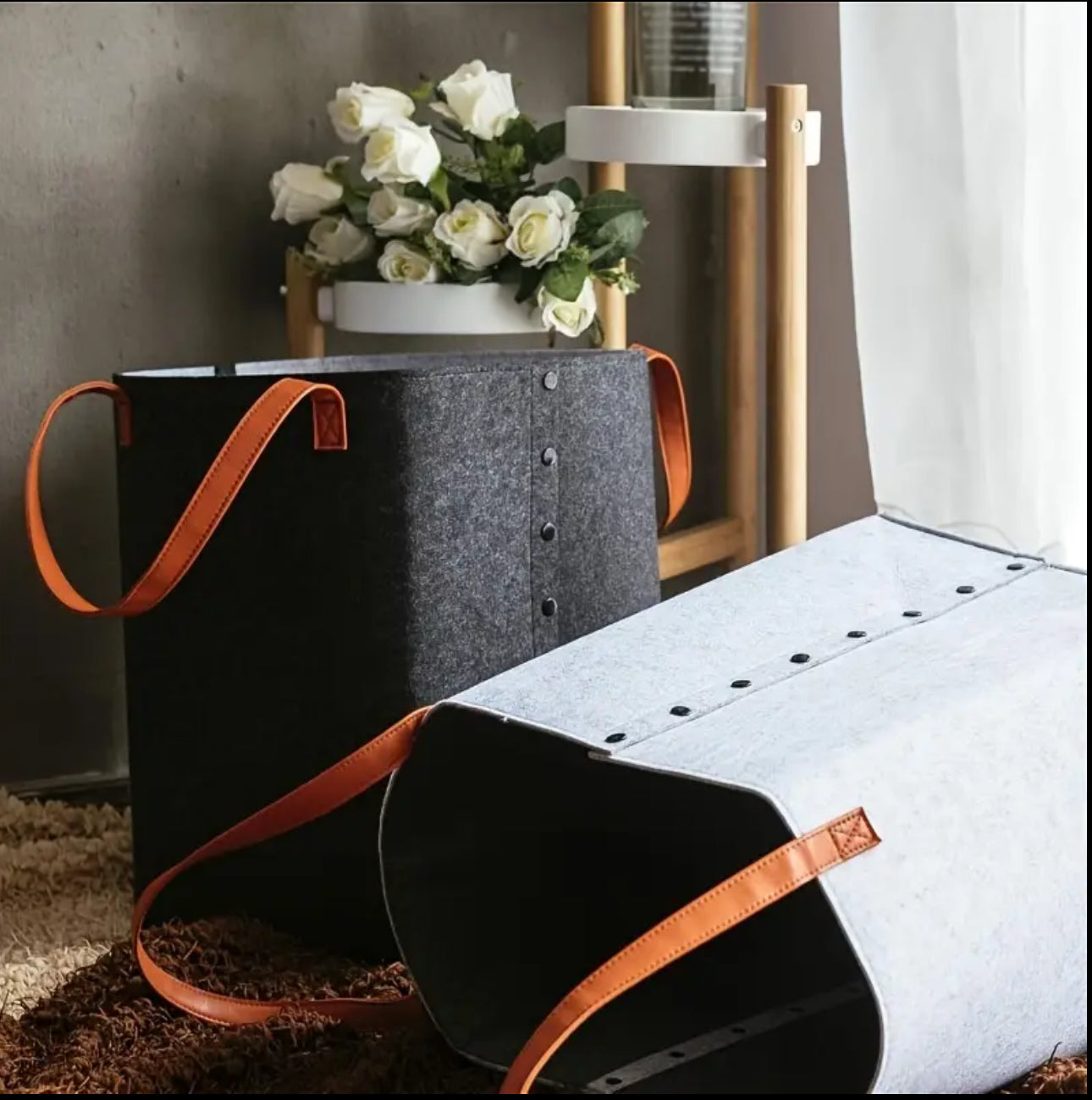 Foldable laundry basket with leather handles