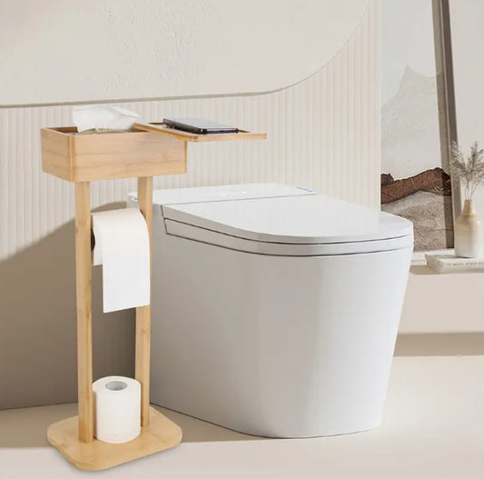 Eco-friendly bamboo toilet tissue holder with upper  storage and phone placement/holder