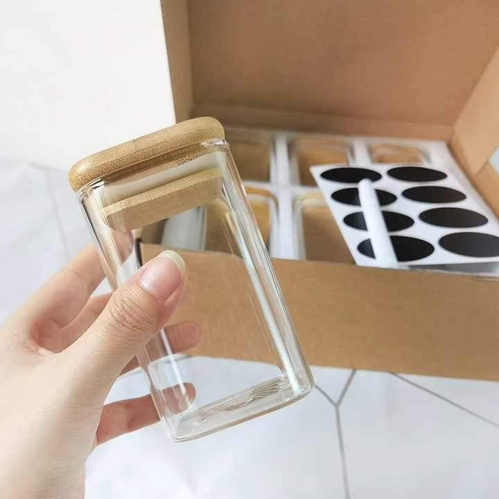 6-pack Square Glass Jars with Bamboo lid And Spoon