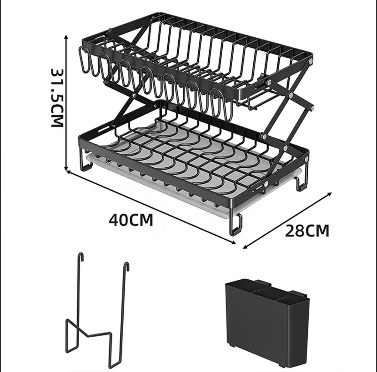 Modern 2-tier kitchen dish drying rack with a space-saving foldable design.