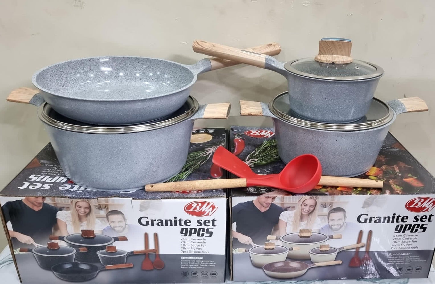 9pcs BMN Granite cookware set with 2pcs silicone cooking sticks