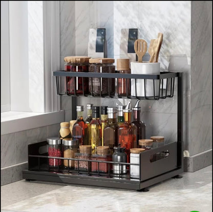 2 tier metallic sliding pull out cabinet organizer rack