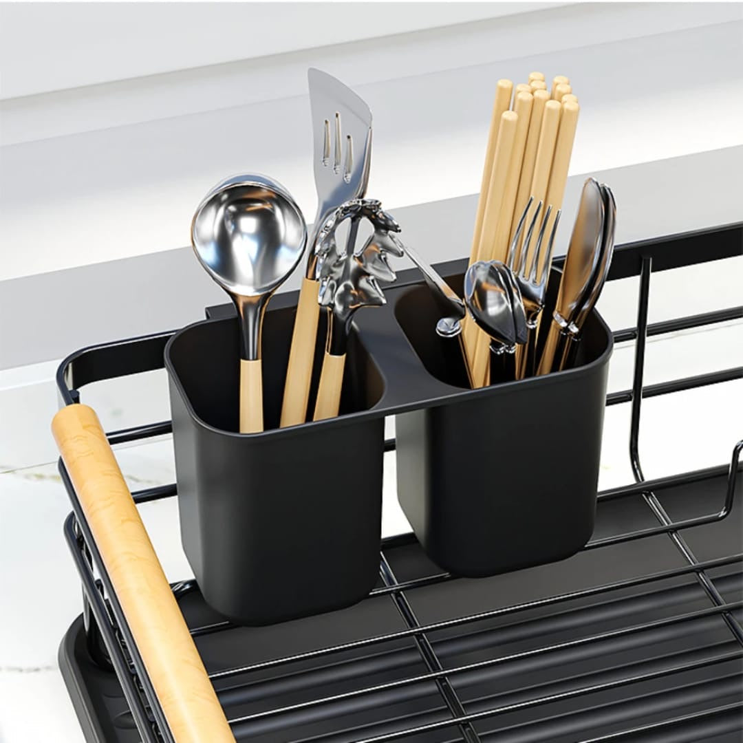Single layer dish rack with removable drainer tray and wooden handles.