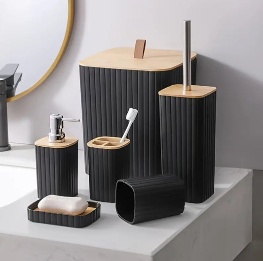 6 in 1 bathroom accessories set with wooden top