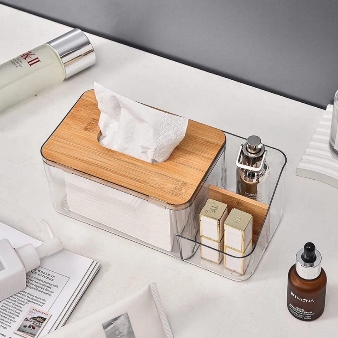 Acrylic clear servviete holders with bamboo lid.