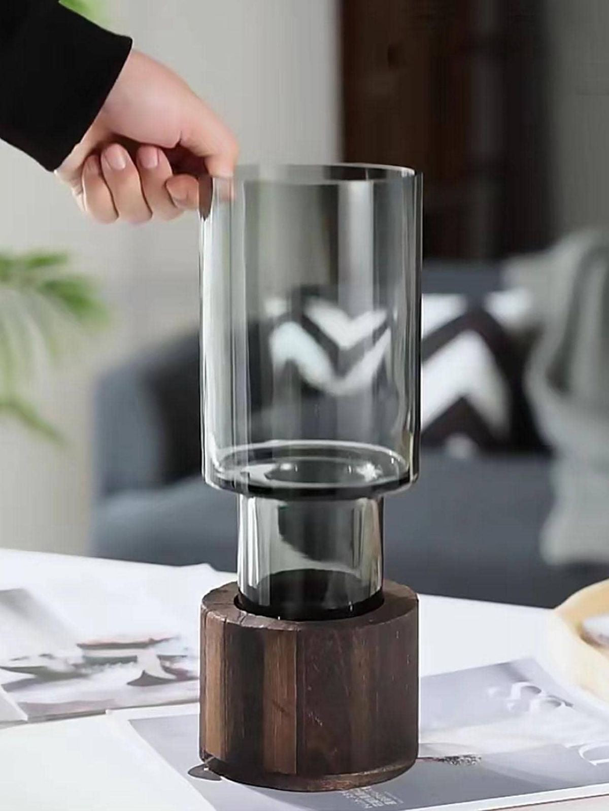 Modern creative glass vase with wooden base