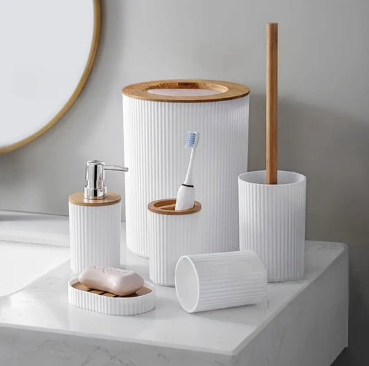 6 in 1 bathroom accessories set with wooden