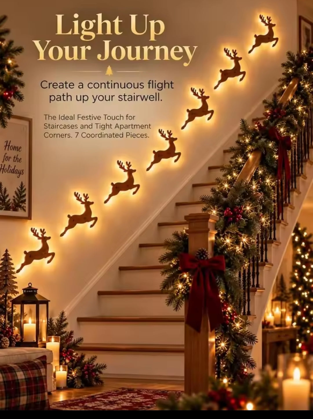 Set of 7 -3D Reindeer Glow Santa Christmas Wall Decoration with Lighting