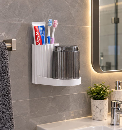 Toothbrush/toothpaste holder with gargle cup