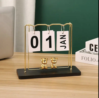 Creative Wood And Iron Perpetual Calender With Bear Pendilum Swing