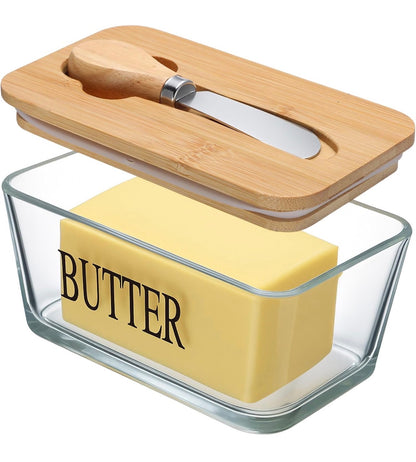 Glass butter tin with bamboo lid and spread knife
500ml