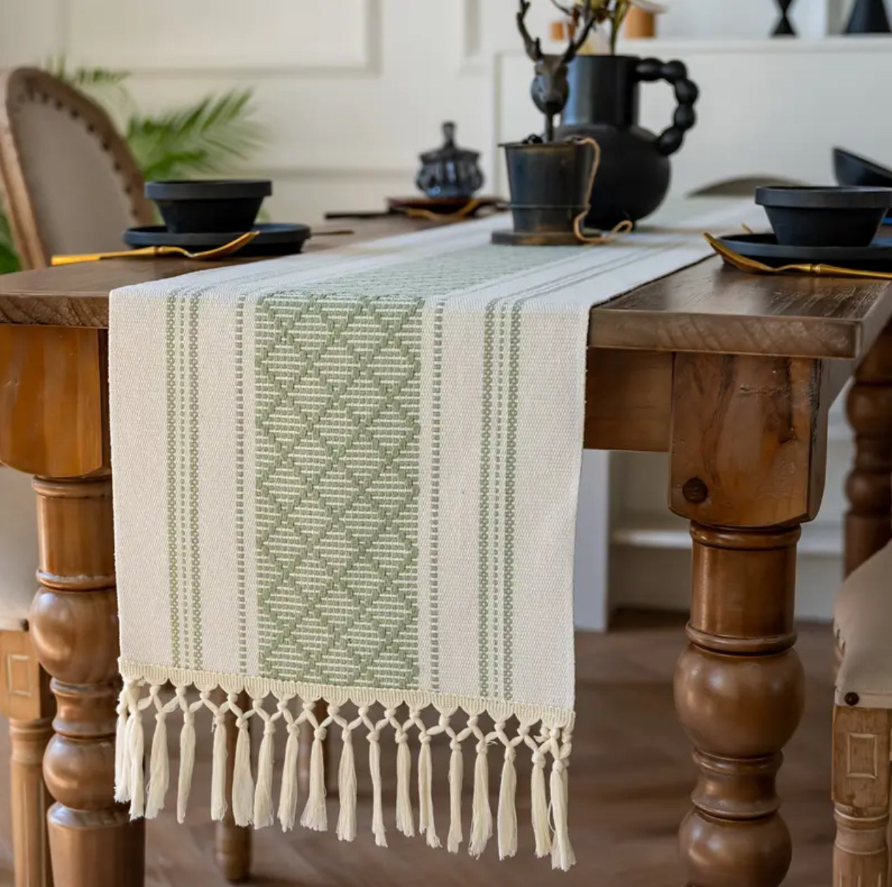 Woven textured table runner with tassels