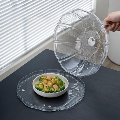 Multipurpose transparent microwave / food  splatter cover with an integrated base plate and handle