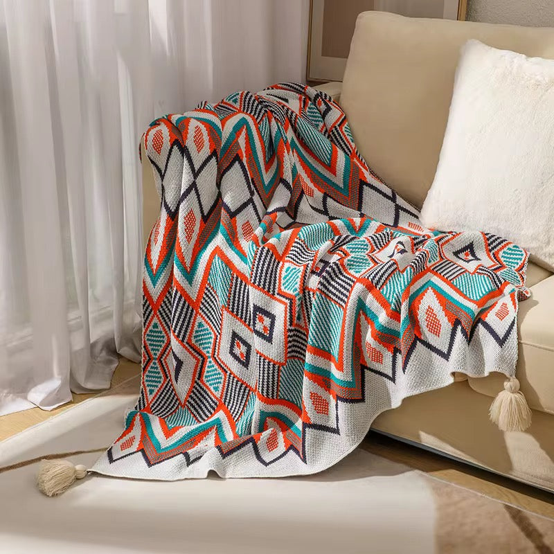 Nordic Bohemian knitted throw blankets with tassels
