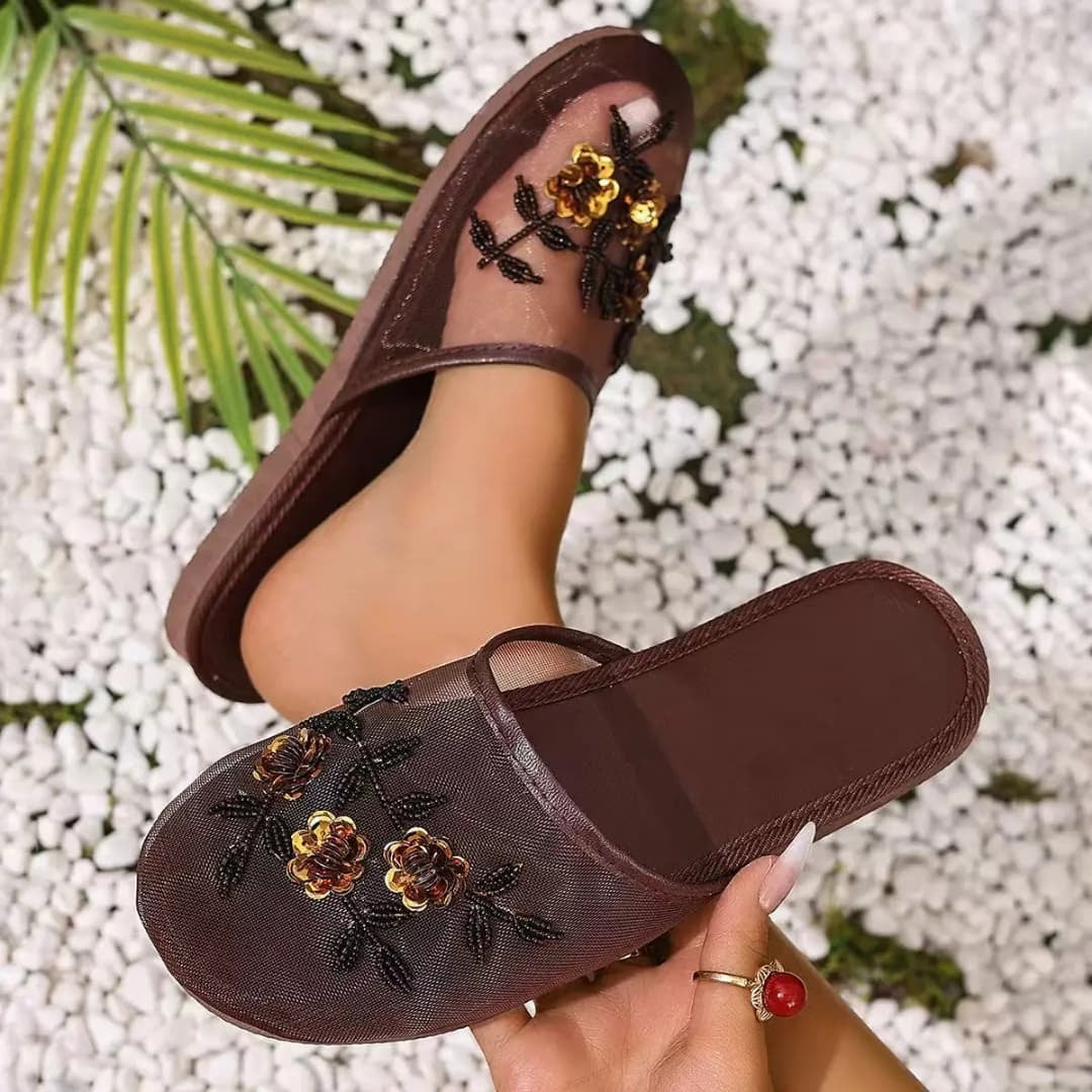 Luxury Pearl Ornaments Net Mule Slippers