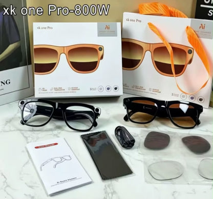 The XK One Pro-800W AI Smart Glasses, with an 8MP camera, Bluetooth connectivity, and real-time AI translation, and high quality video