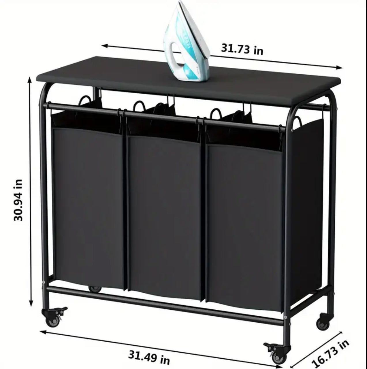 3 Compartment laundry basket with lockable wheels and ironing board