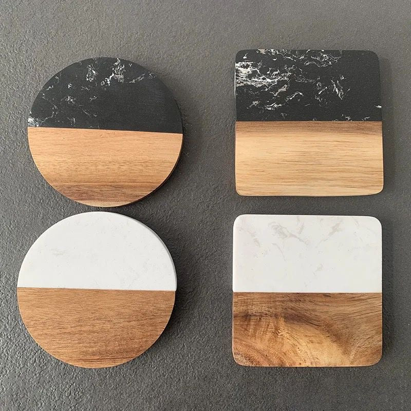 Premium Quality Heavy Marble Wood Splicing Coasters 6pcs