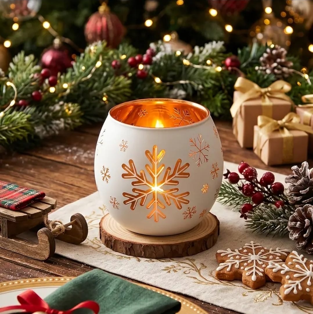 2Pc  Glass Snowflake Tealight Candle  Holders Set