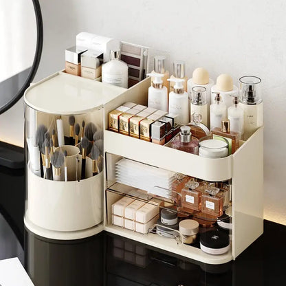 Cosmetic organizer rack with tray and rotating holder.