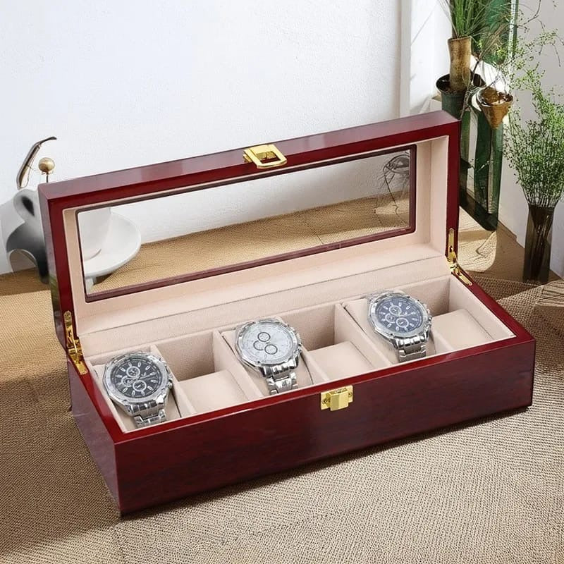 High quality luxurious wooden watch organizer with glass top..
6 slot