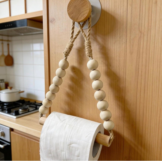 Boho-style toilet paper holder rustic wooden bead design with hemp rope