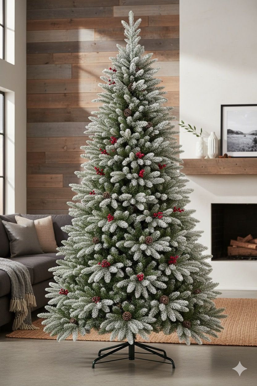 PREMIUM PINE SNOW FLOCKED TREE WITH CONE & BERRIES