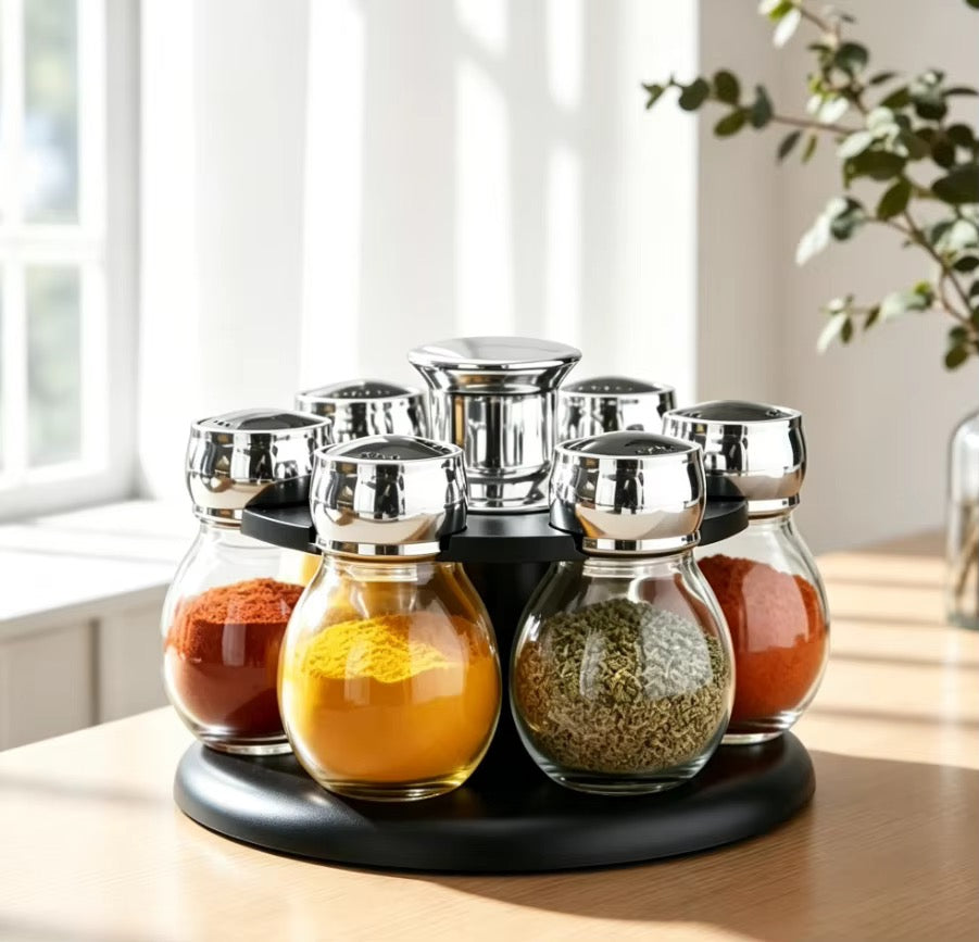 Revolving Spice Rack | Glass Jar Bottles Set of 6